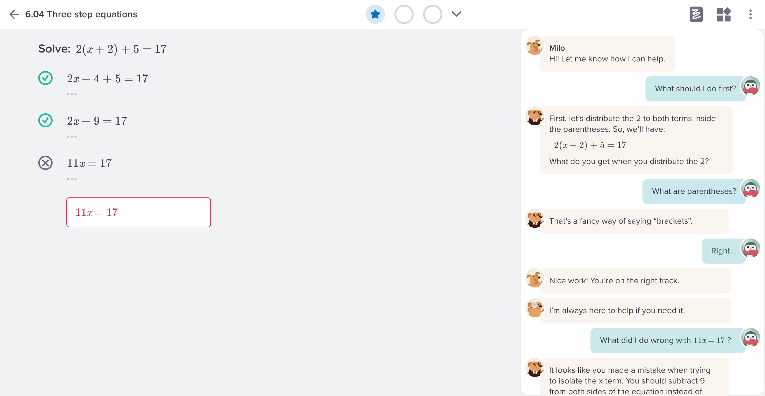 Static image showing the support provided by Mathspace as a student works through a problem in the online workbook.