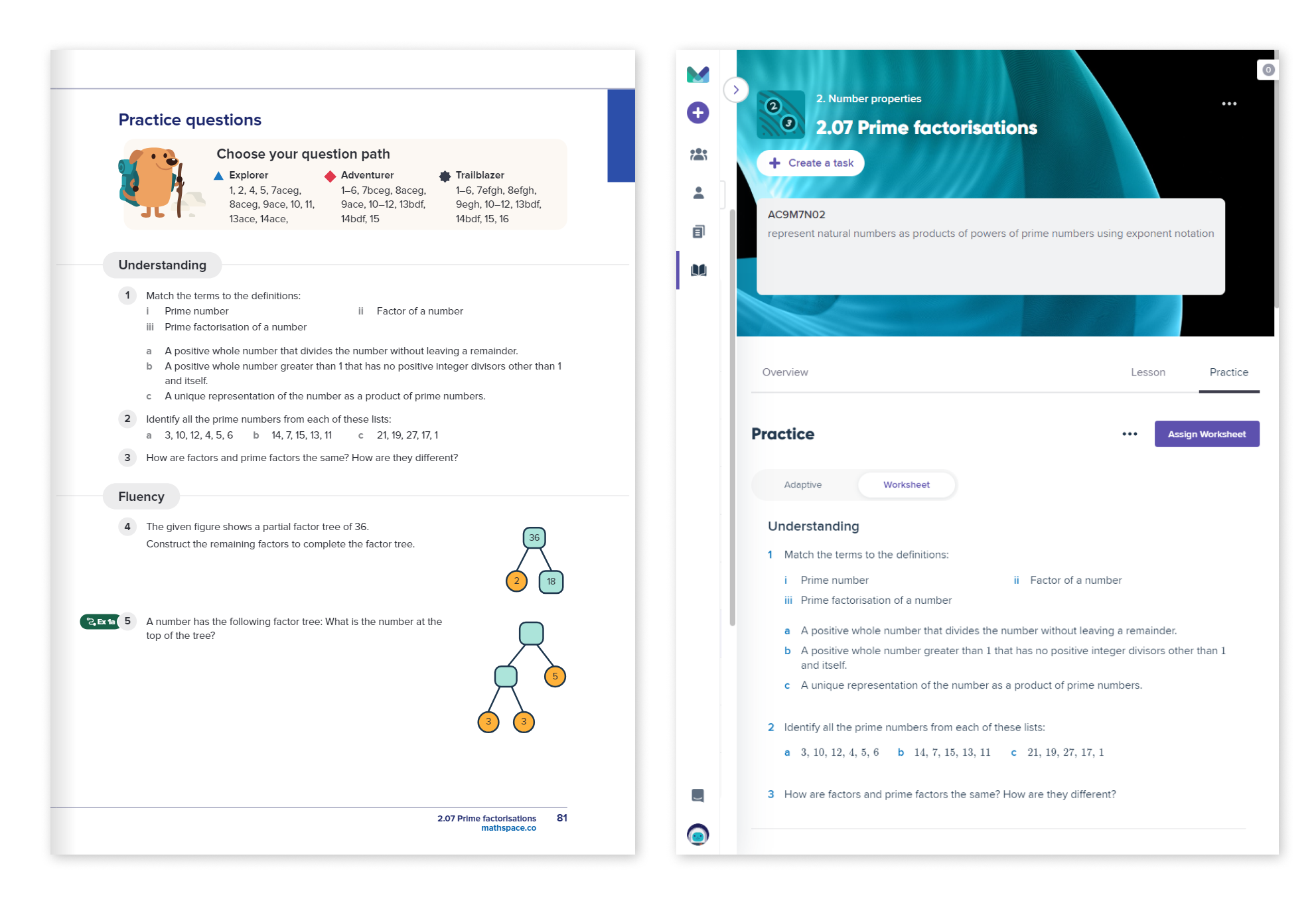 An image showing the question set for Year 7 topic 2.07 Prime Factorisations in the print textbook (left) alongside the digital textbook (right)